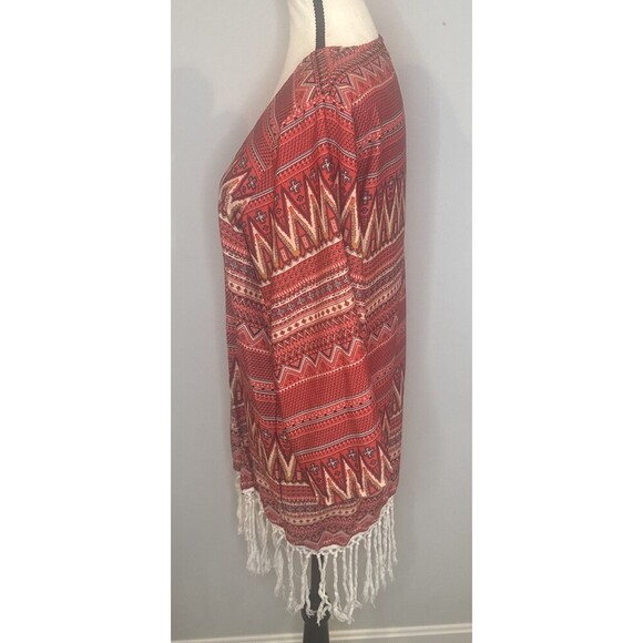 R Cinco Ranch Womens Southwest Western Red Patterned Sheer Open Front Cardigan S - Picture 2 of 6